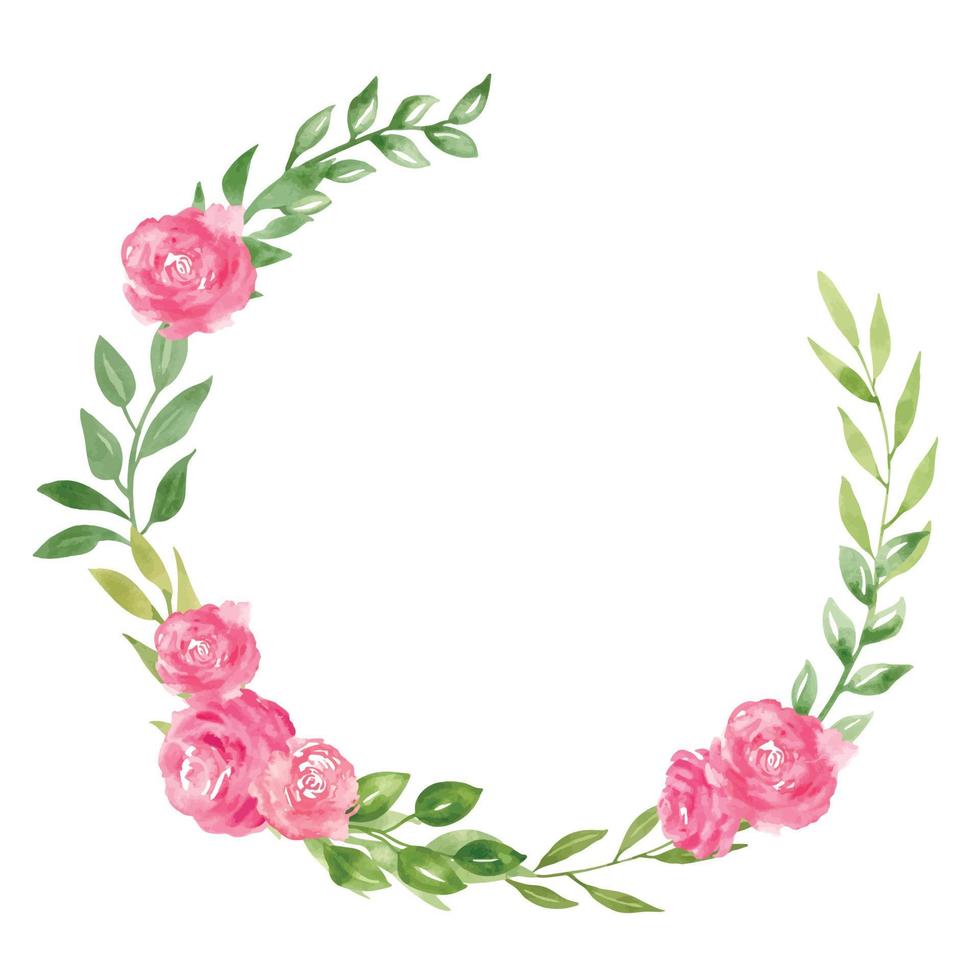 Watercolor Floral Wreath with Rose pink Flowers and green leaves. Hand drawn Round Frame for greeting cards or wedding invitations. Illustration on isolated background. Botanical drawing with plants vector