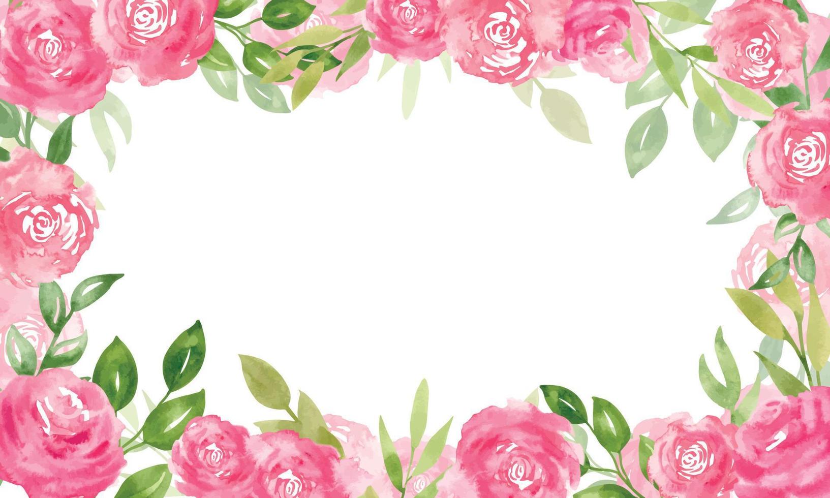Watercolor Floral rectangular Frame with pink Rose Flowers and green leaves. Hand drawn template for greeting cards or wedding invitations on isolated background. Painted botanical illustration vector