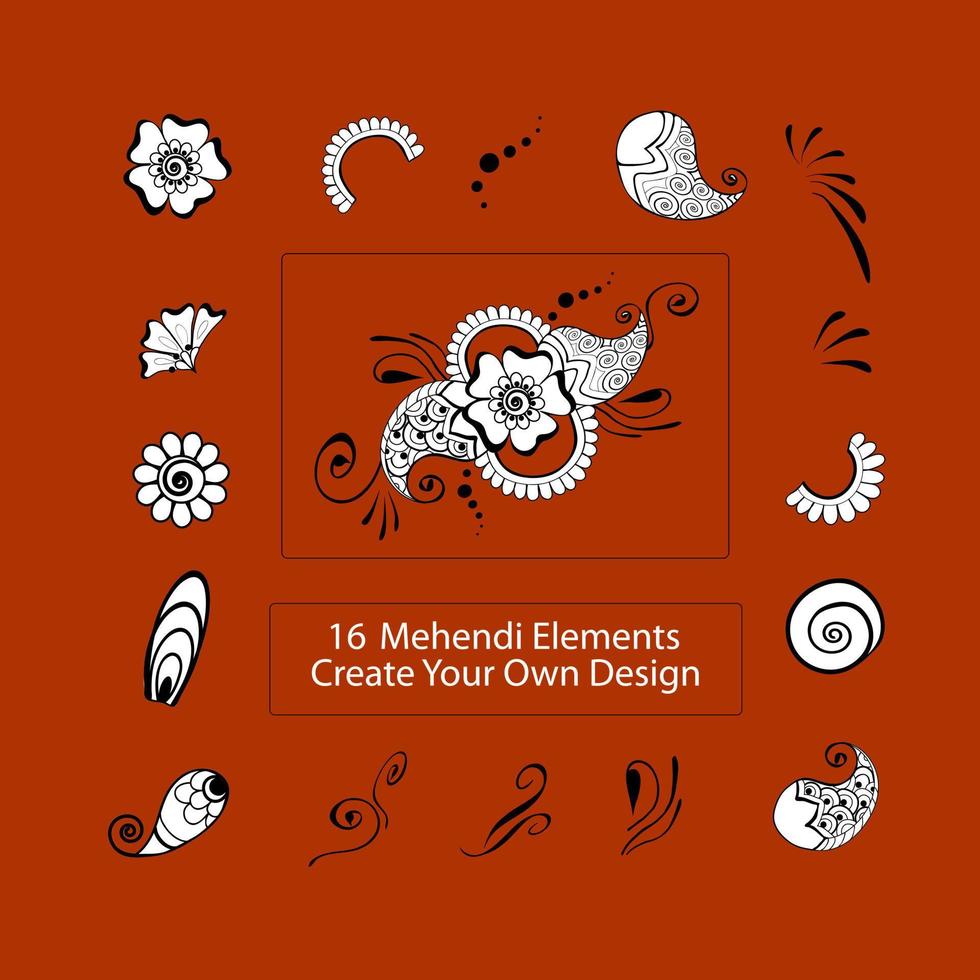 Set of 16 mehendi elements, flowers, windings, paisleys, spirals, dots. Kit, constructor of isolated white elements with black outline, easy to combine, overlap for making a design, for prints, game vector