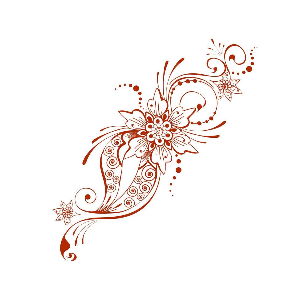 Floral mehendi, Indian henna design, dark-red element with windings. Elegant decorative ornament in ethnic Asian style. Hand-drawn doodle on white background for prints, decor, tattoo design vector