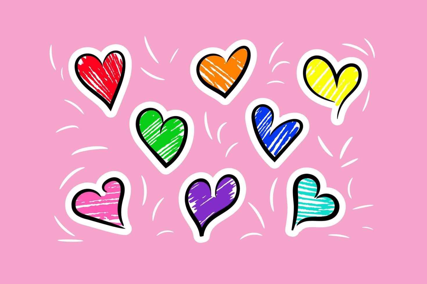 conjunto de corazones incompletos. dibujado a mano con marcador, eclosión de resaltado. lindos elementos de diseño de garabatos. símbolos de amor a mano alzada con textura infantil para la decoración vector