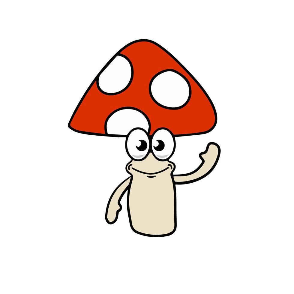 Mushroom character. Funny children drawing with red cap. Cute outline cartoon vector