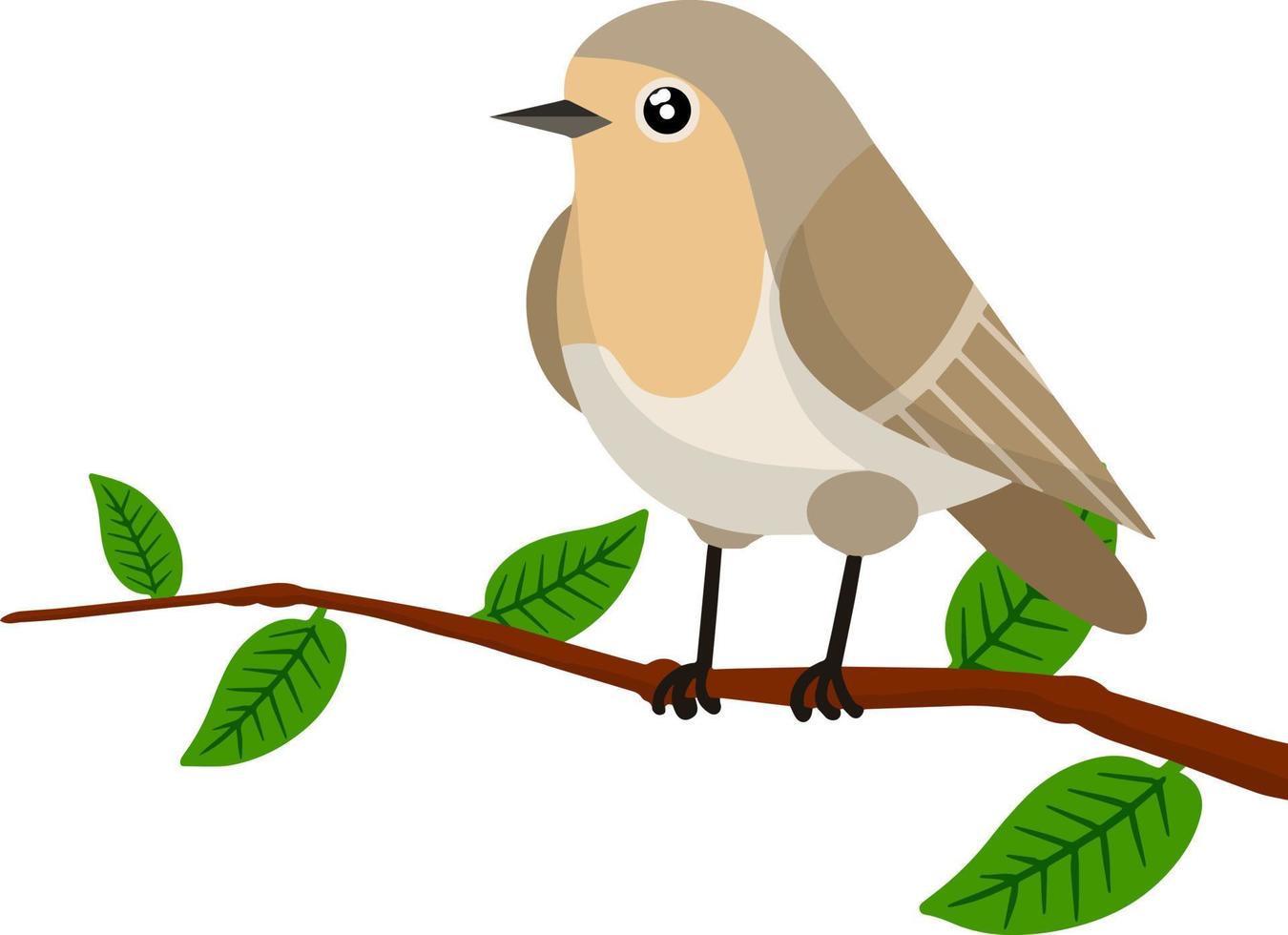 Forest grey bird sitting on a tree branch. Cute Animal with wings and green leaves. Illustration for greeting cards. Cartoon flat illustration vector
