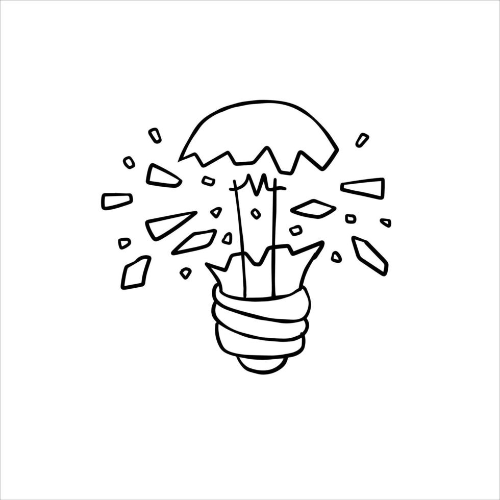 Burst light bulb. Crack in lightbulb. Sketch Shards of glass. Concept of idea and solution of problem. Doodle drawn Electric light. vector