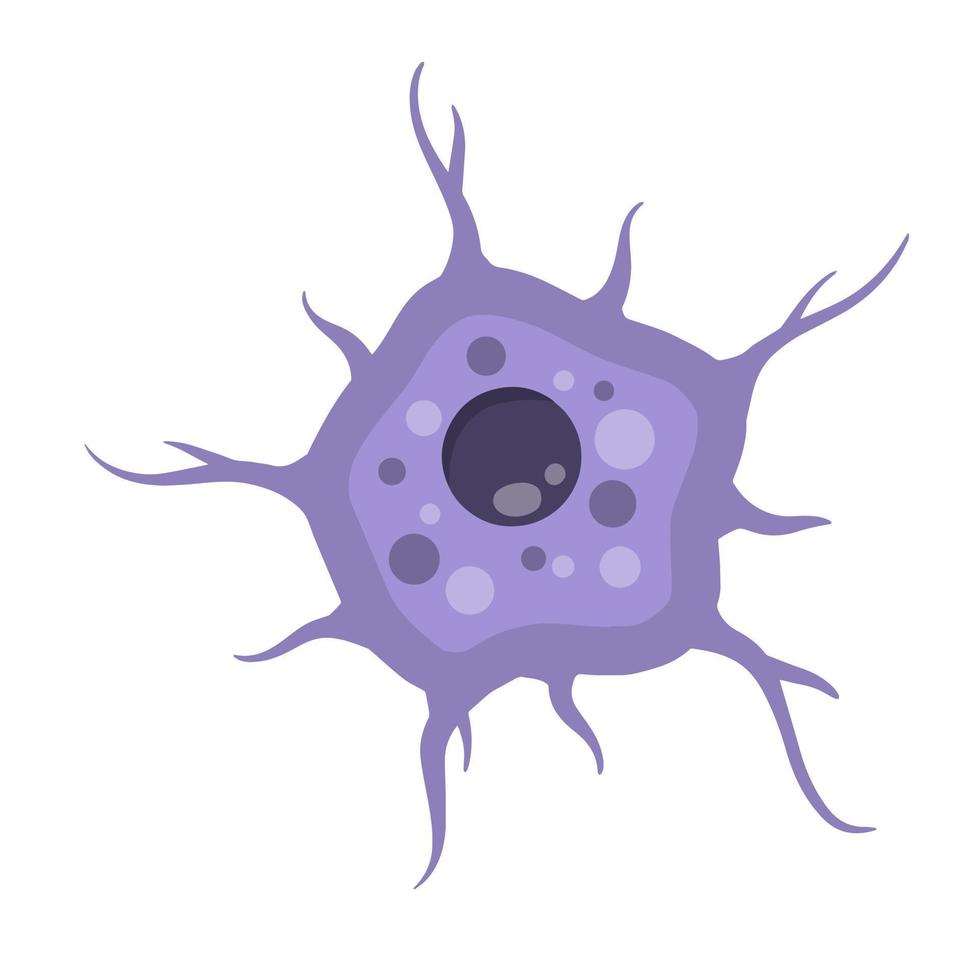 Blue neuron cell. Brain activity and dendrites. Membrane and the nucleus. Scientific cartoon illustration. Microbiology and mind vector