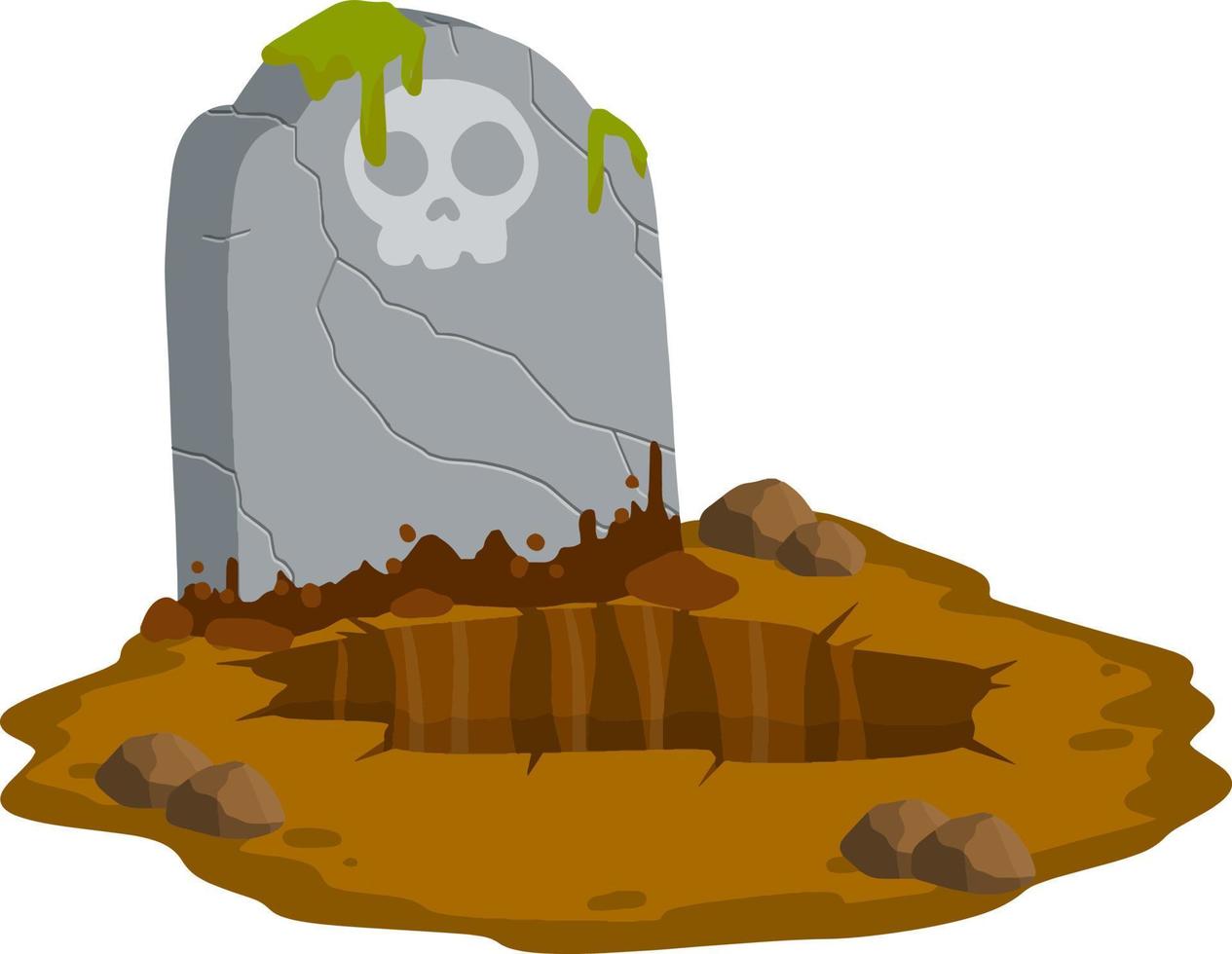 Stone tombstone stands on ground with grave. Celebration of Halloween. Skull on stone. Detail cemetery. Moss on monument. Cartoon illustration vector