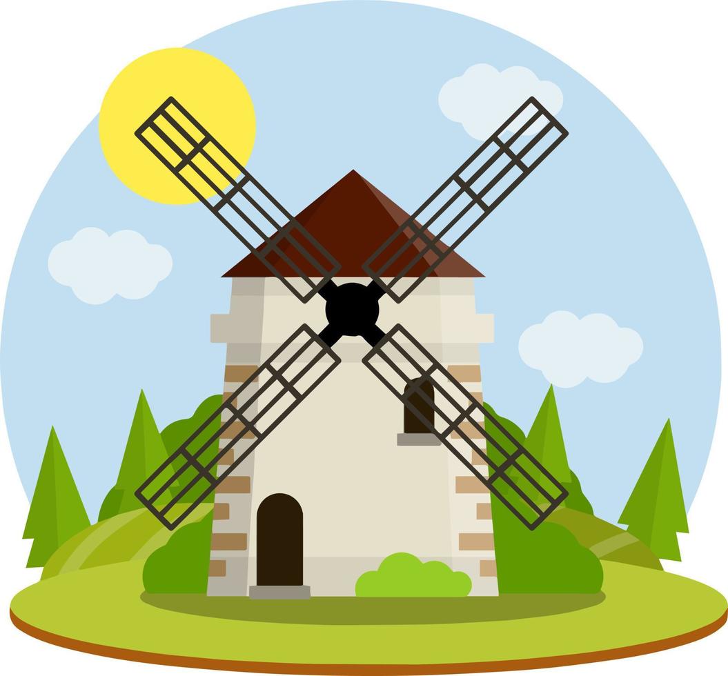 Village windmill. Production of flour from grain. Rural landscape. Rustic summer season. Natural food in the countryside. Cartoon flat illustration. Green field, hill and forest. Dutch mill vector