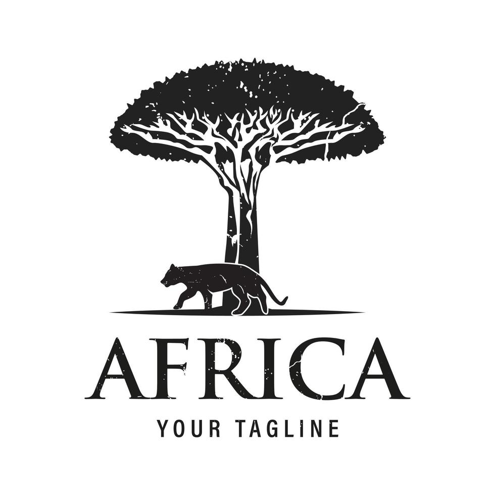 diseño de árbol africano con tigre jaguar leopardo guepardo puma pantera silueta para safari aventura logo diseño vector