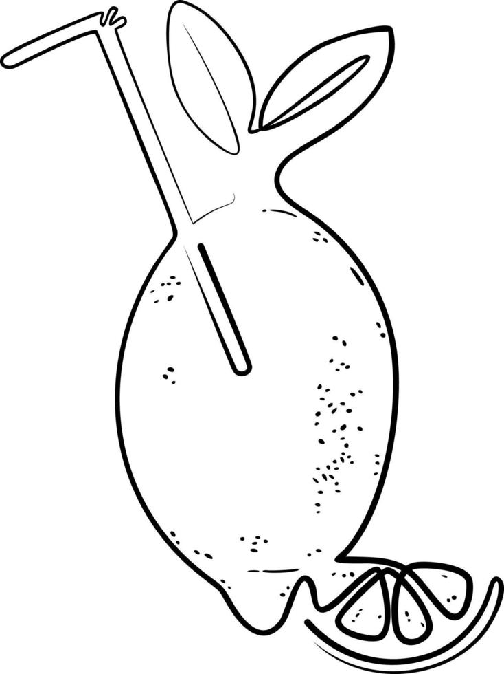 Black line art drawing of fresh lemon with straw vector