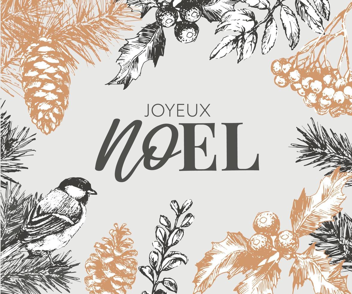 Merry Christmas in French language. Joyeux Noel modern brush vector calligraphy. Hand drawn calligraphic phrase isolated on white background. Typography for greeting card, postcards, poster, banner.