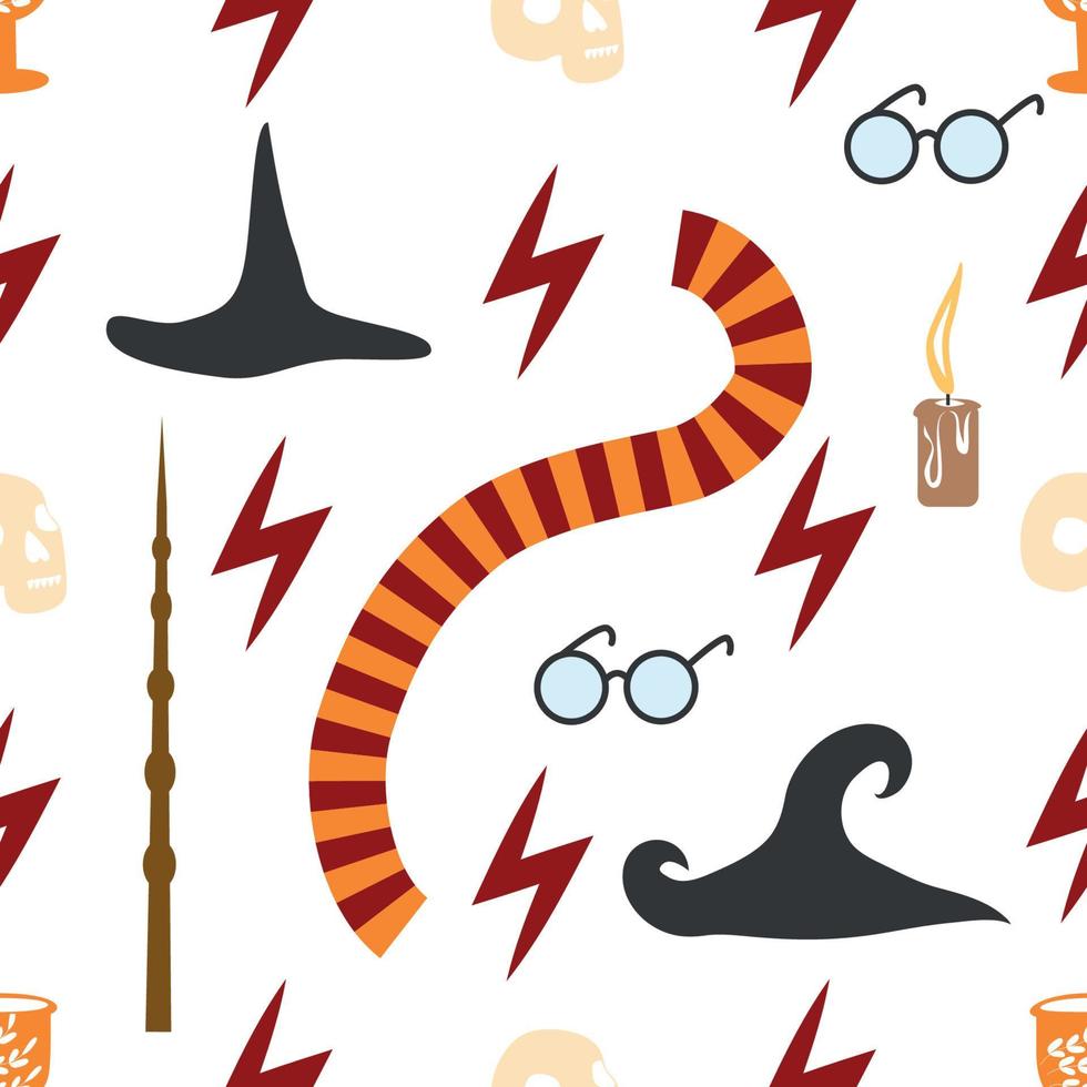 Witches school of magical objects seamless pattern in flat style vector