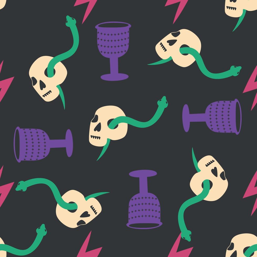 Skull, snake, goblet, magic symbols seamless pattern. Magic and death, on a dark background. vector