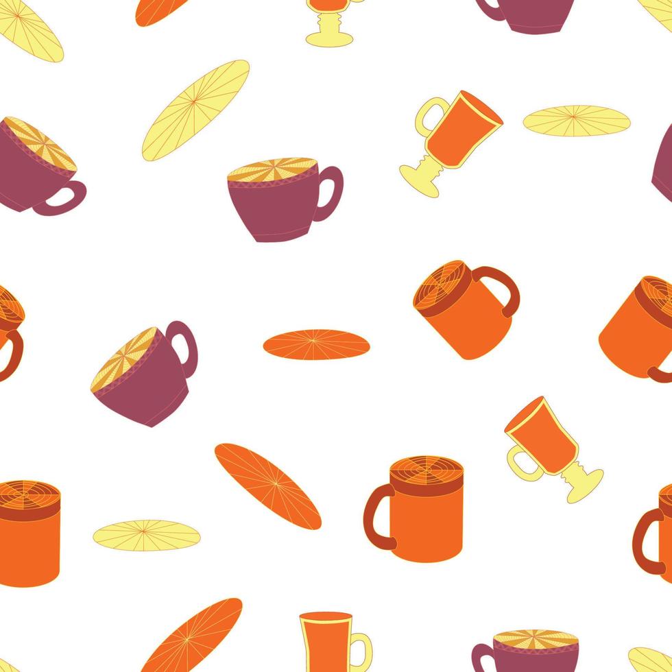 Cups and saucers bright seamless pattern. Tea, tea shop, coffee. Wallpaper, wrapping paper vector