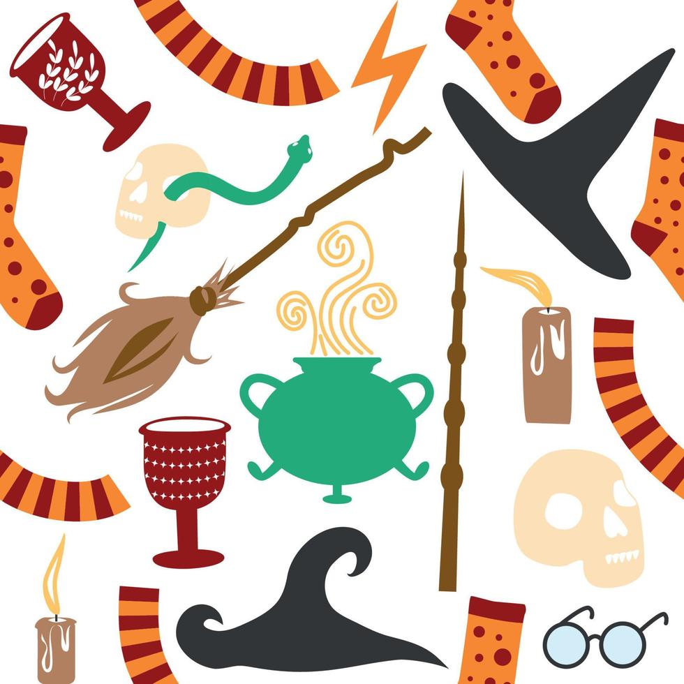 Witches school of magical objects seamless pattern in flat style vector