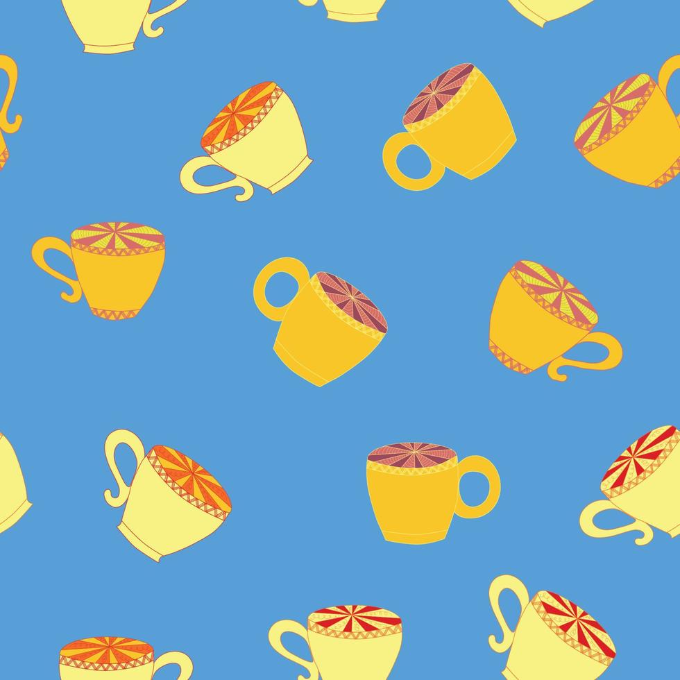 Cups and saucers bright seamless pattern. Tea, tea shop, coffee. Wallpaper, wrapping paper vector