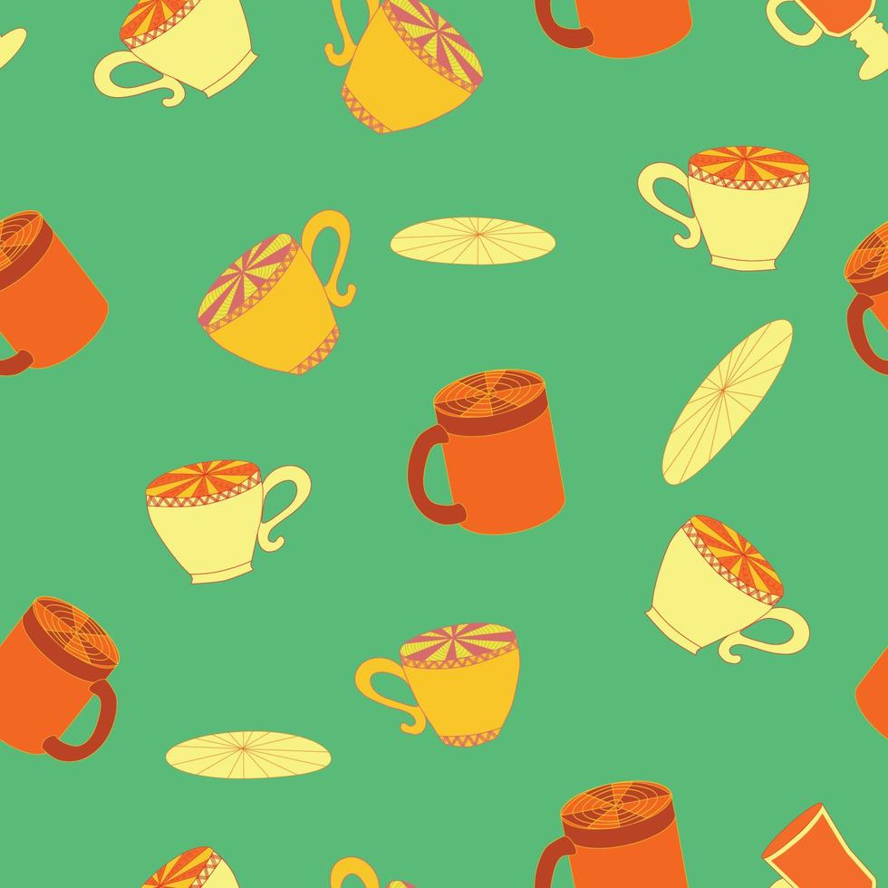 tazas y platillos de patrones sin fisuras brillantes. té, tienda de té, café. papel pintado, papel de regalo vector