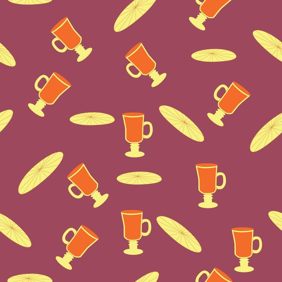 Cups and saucers bright seamless pattern. Tea, tea shop, coffee. Wallpaper, wrapping paper vector