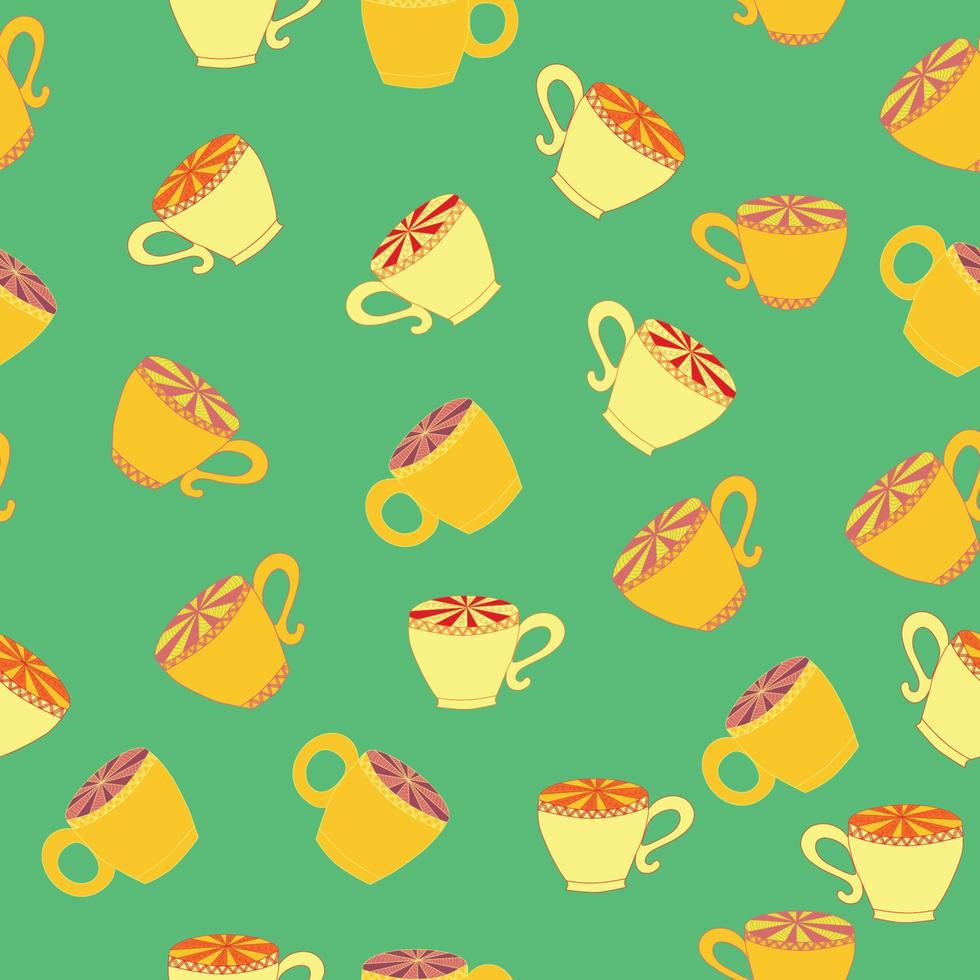 Cups and saucers bright seamless pattern. Tea, tea shop, coffee. Wallpaper, wrapping paper vector