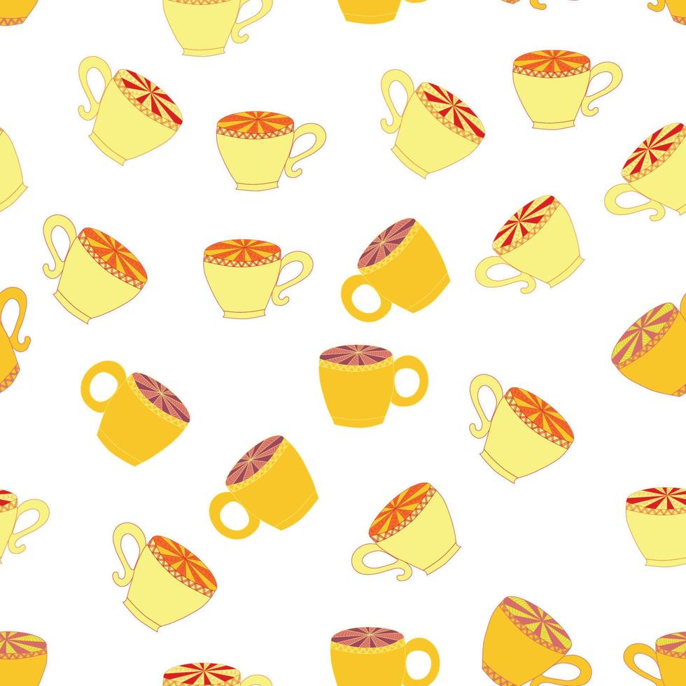 Cups and saucers bright seamless pattern. Tea, tea shop, coffee. Wallpaper, wrapping paper vector