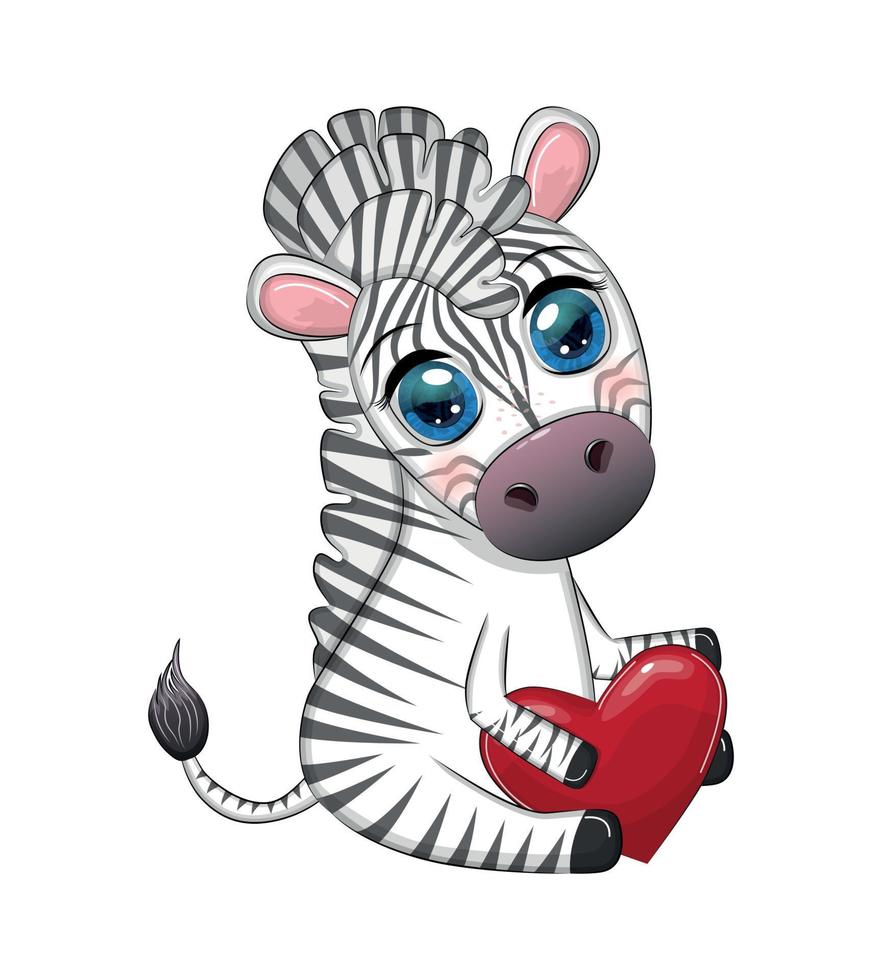 Cute zebra holds a heart in her hands. Valentine's day card vector