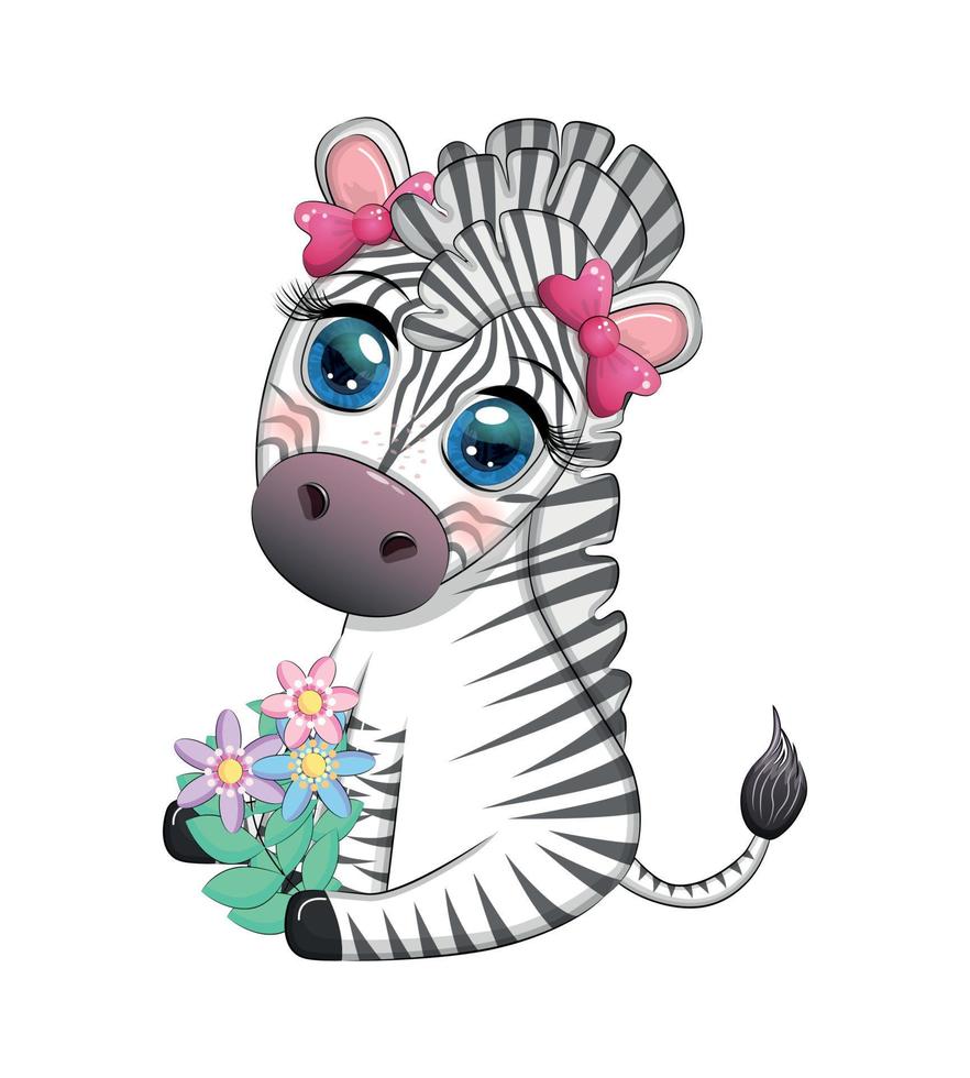 Striped zebra in a wreath of flowers, with a bouquet. Spring is coming vector