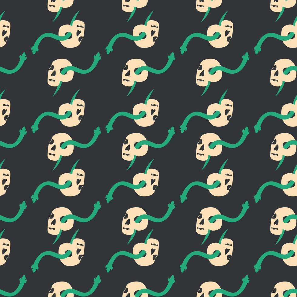 Skull, snake, goblet, magic symbols seamless pattern. Magic and death, on a dark background. vector