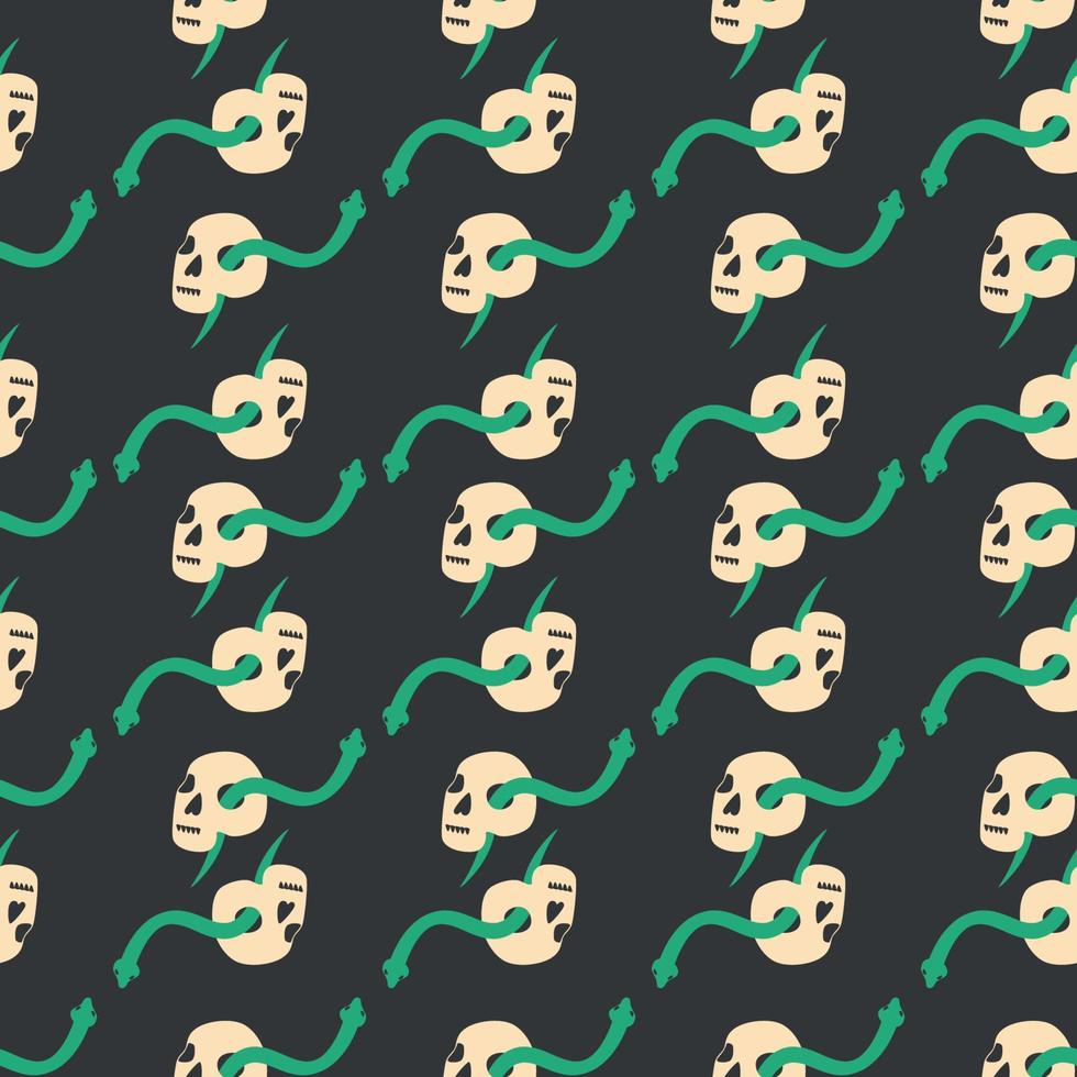 Skull, snake, goblet, magic symbols seamless pattern. Magic and death, on a dark background. vector