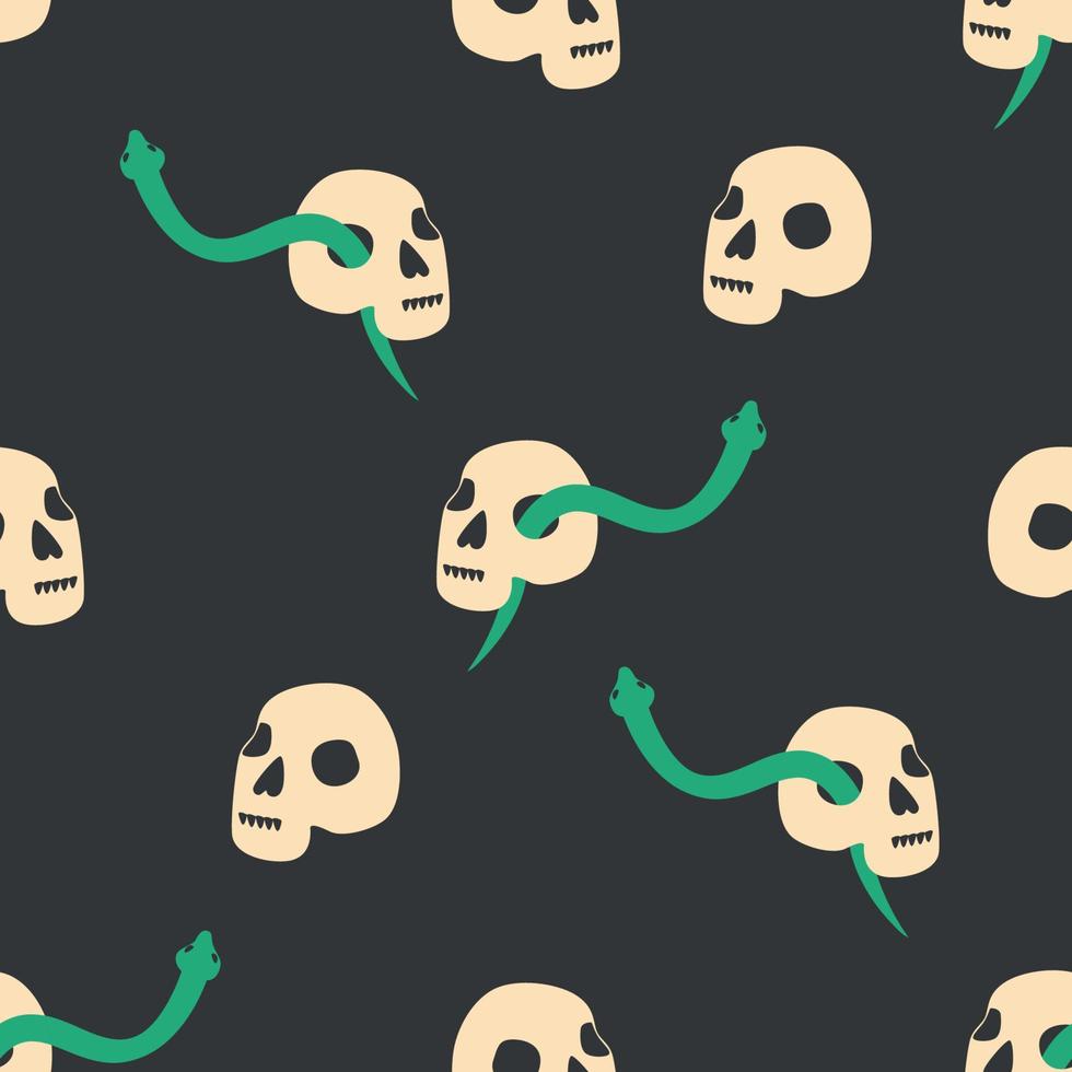 Skull, snake, goblet, magic symbols seamless pattern. Magic and death, on a dark background. vector