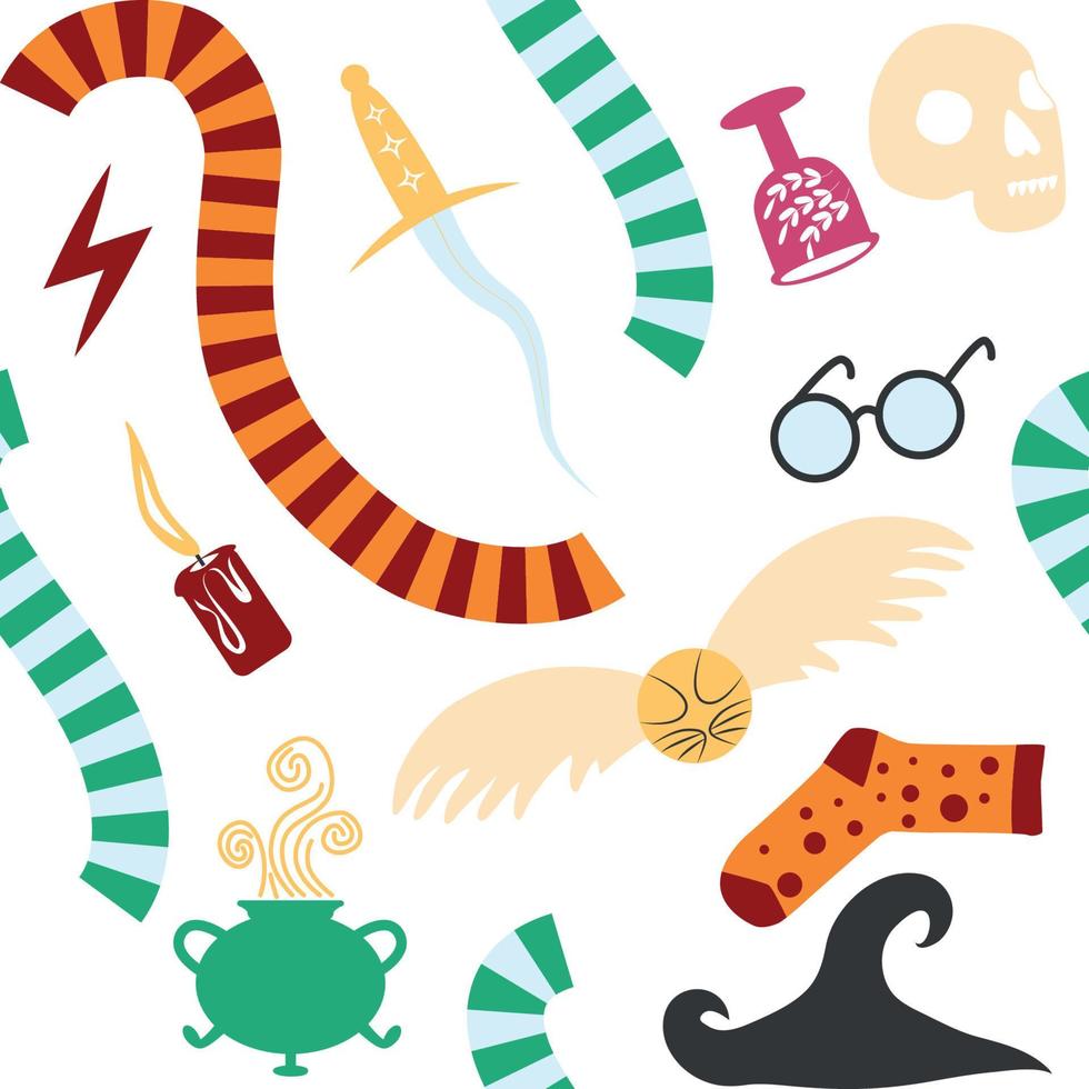 Witches school of magical objects seamless pattern in flat style vector