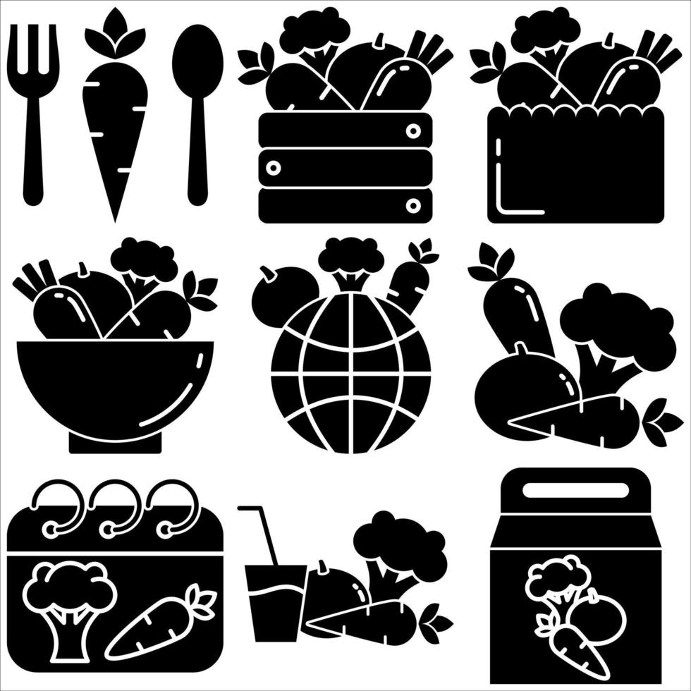 conjunto de iconos de día vegetariano estilo glifo segunda parte vector