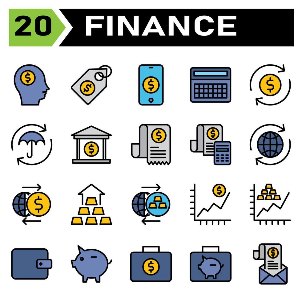 Finance icon set include head, money, dollar, business, rich, tag, label, price, shopping, phone, mobile, cell, investment, calculator, finance, accounting, math, refund, cash, flow, protect, market vector