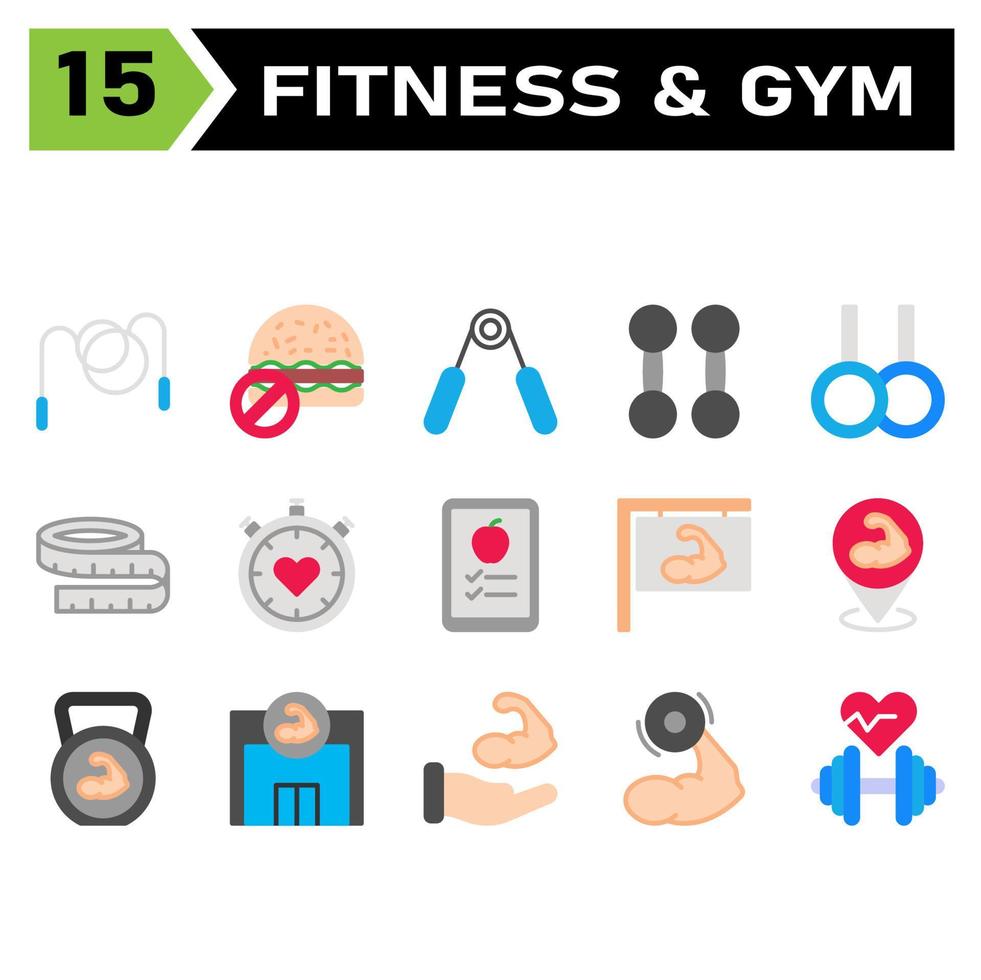 Healthy and fitness icon set include rope, jump, skip, healthy, fitness, gym, burgers, no food, unhealthy, food, diet, gripper, grippers, hand, bodybuilding, lifting, weight, aerobics, exercise vector