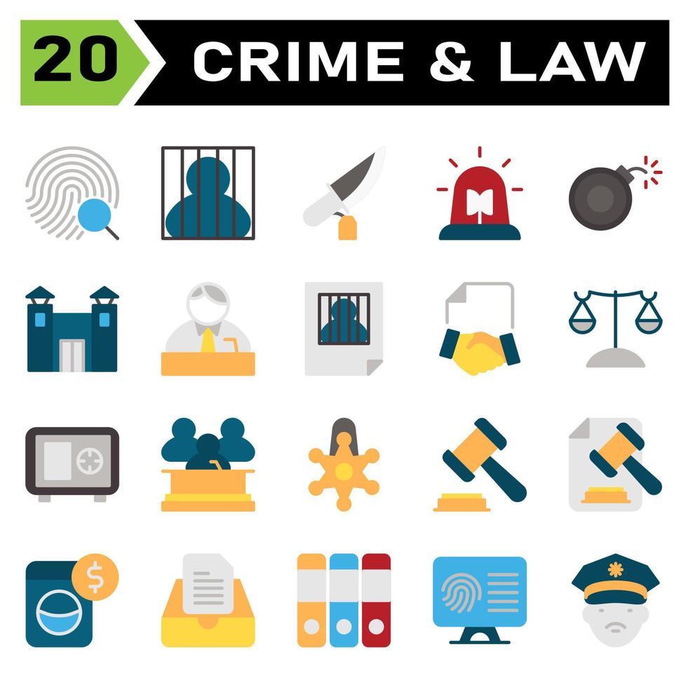 Crime and Law icon set include fingerprint, identification, investigation, evidence, search, jail, prisoner, criminal, convict, prison, knife, crime, weapon, siren, ambulance, police, emergency vector