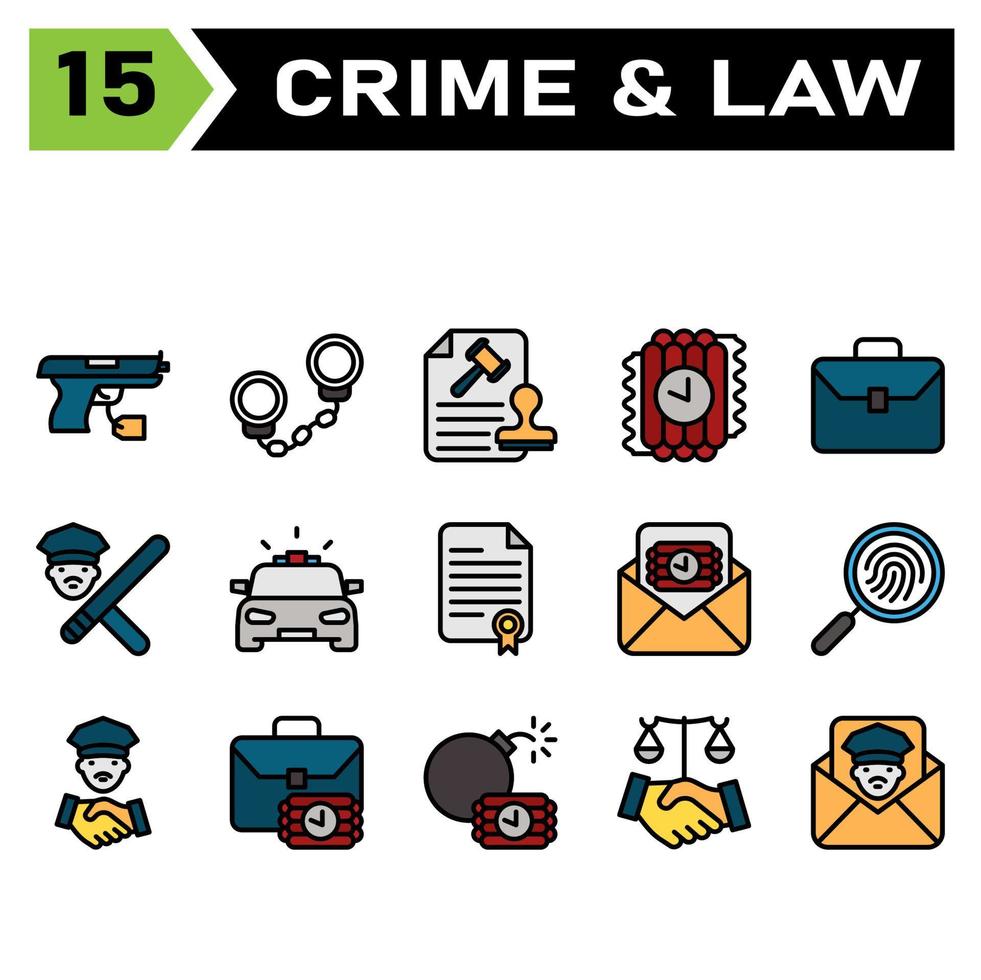 Crime and Law icon set include pistol, weapon, gun, crime, evidence, handcuffs, arrest, cuffs, prisoner, police, stamp, document, hammer, justice, file, dynamite, bomb, terror, time, briefcase, office vector