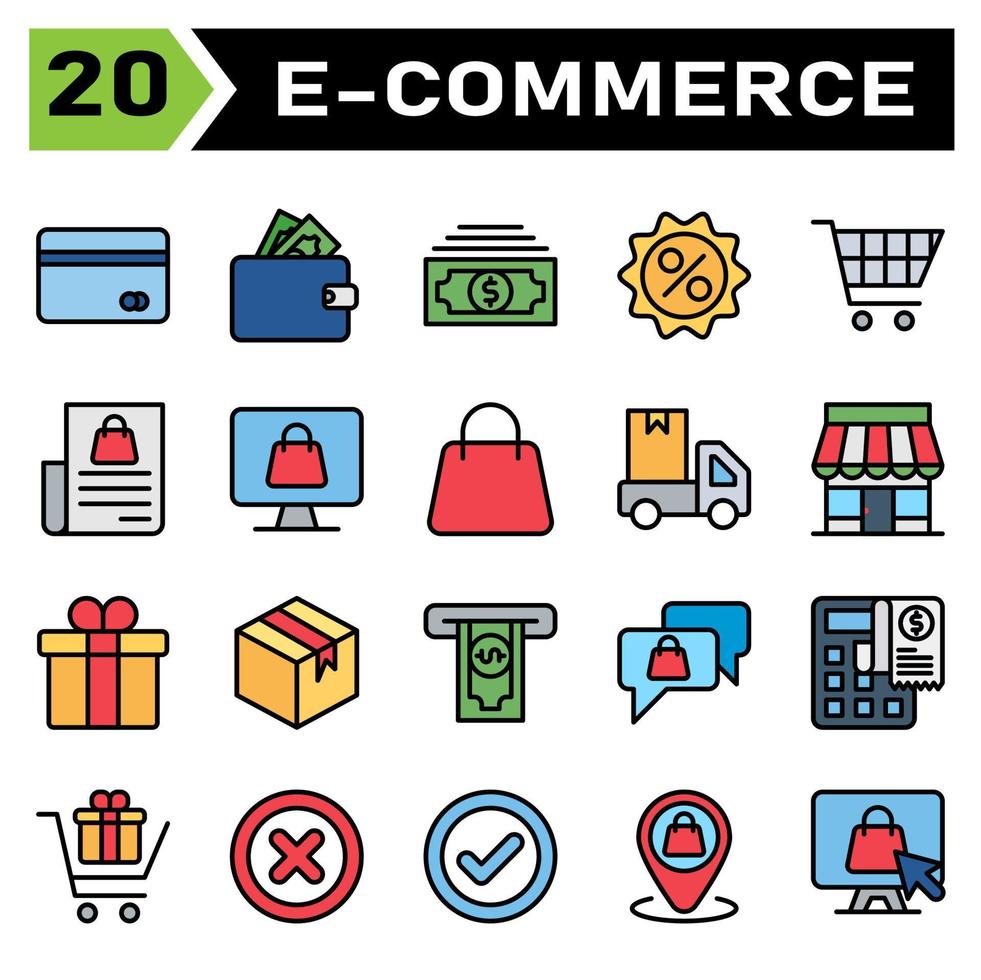 E commerce icon set include e commerce, money, wallet, finance, dollar, discount, price, sale, percent, trolley, buy, chart, shopping, bill, computer, cart, shop, online, bag, truck, delivery, car vector