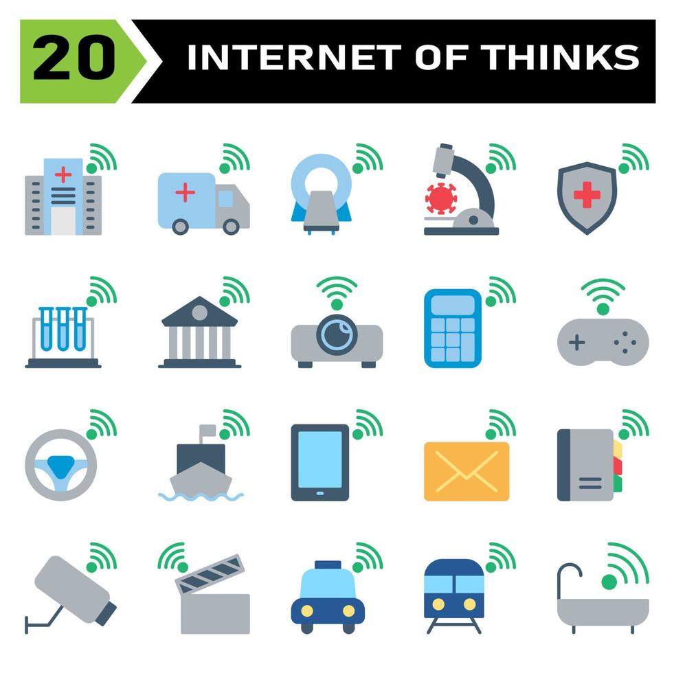 Internet of things icon set include hospital, clinic, internet of things, ambulance, car, tomography, microscope, virus, shield, protection, tube, test, building, bank, projector, calculator, console vector