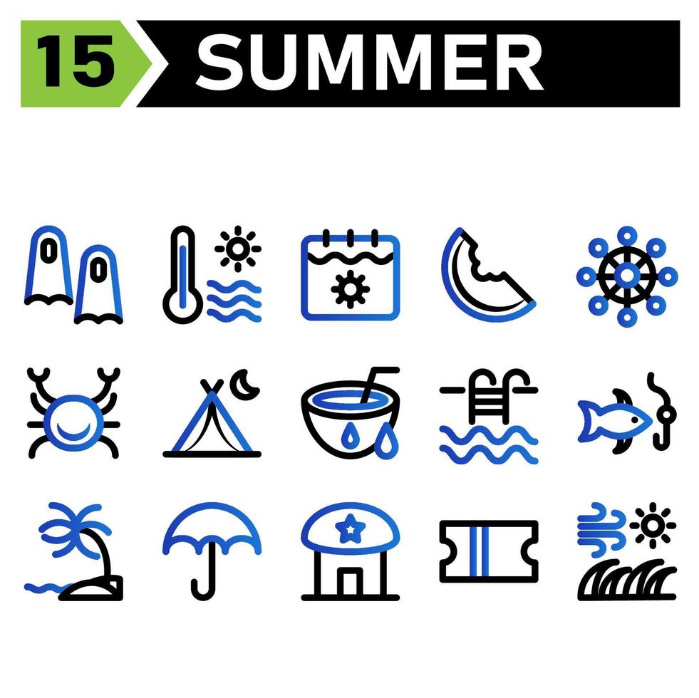 Summer icon set include flippers, swim fish, summer, vacation, diving, temperature, hot, sun, weather, calendar, date, holiday, watermelon, fruit, journey, food, sail, navigation, wheel,direction,crab vector