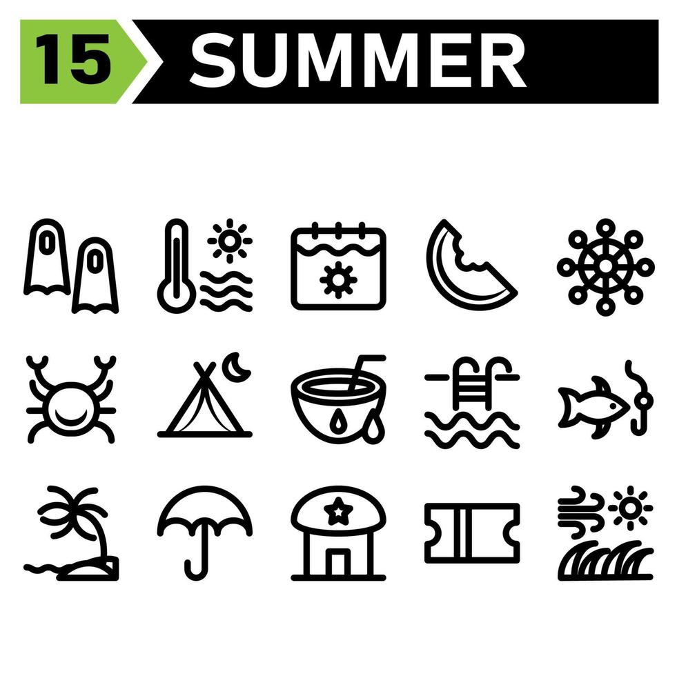 el conjunto de iconos de verano incluye aletas, peces nadadores, verano, vacaciones, buceo, temperatura, calor, sol, clima, calendario, fecha, vacaciones, sandía, fruta, viaje, comida, vela, navegación, rueda, dirección, cangrejo vector