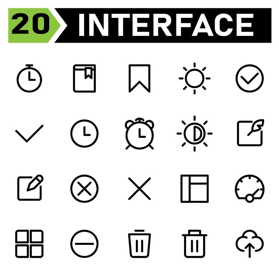 User interface icon set include time, alarm, user interface, bookmark, study, brightness, sun, weather, circle, check, list, mark, clock, contras, box, create, note, cross, layout, dashboard vector