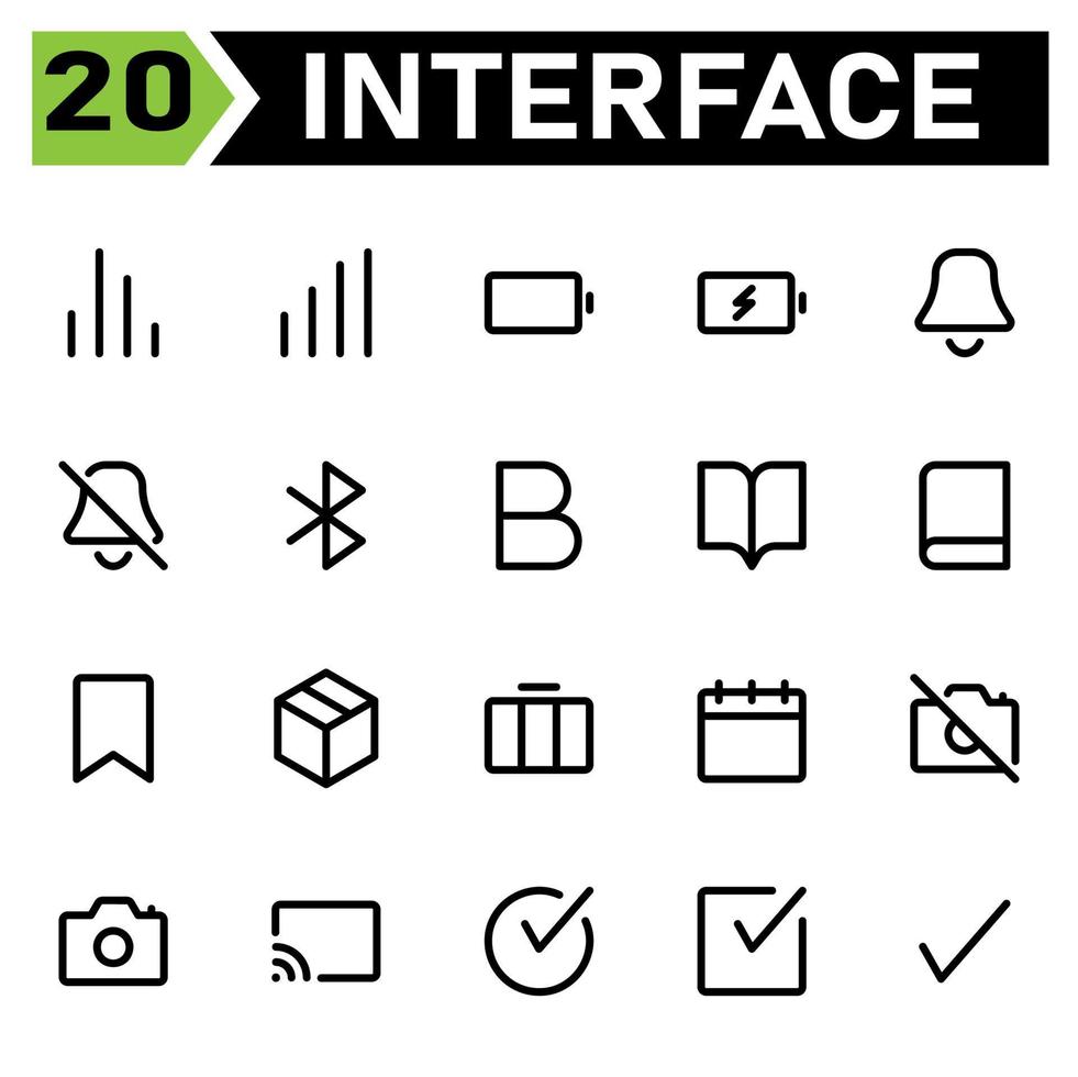 User interface icon set include chart, bar, analytic, report, user interface, battery, charge, device, energy, charging, bell, alert, notification, alarm, off, blue tooth, connection, wireless, bold vector