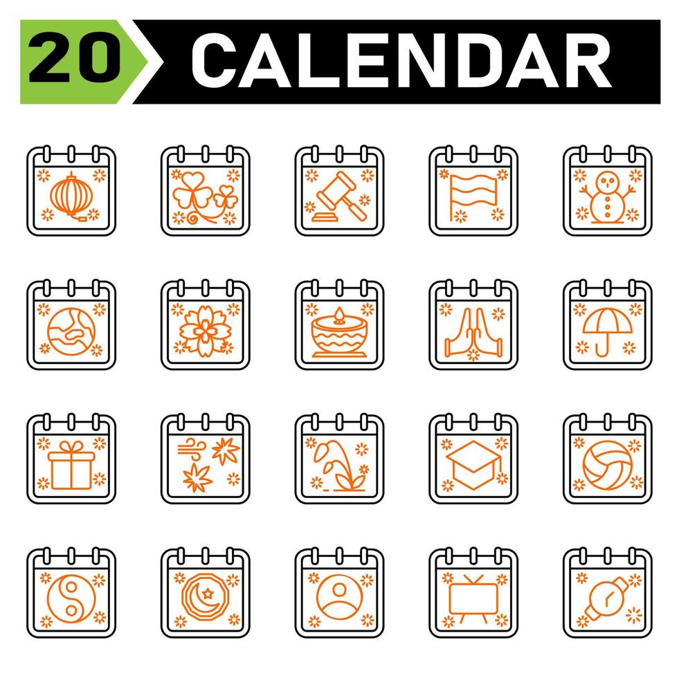 Calendar event icon set include chinese new year, calendar, date, event, st Patrick, day, law, flag, snowman, winter, earth, world, planet, flower, japan, diwali, hindu, pray, hope, hand, umbrella vector