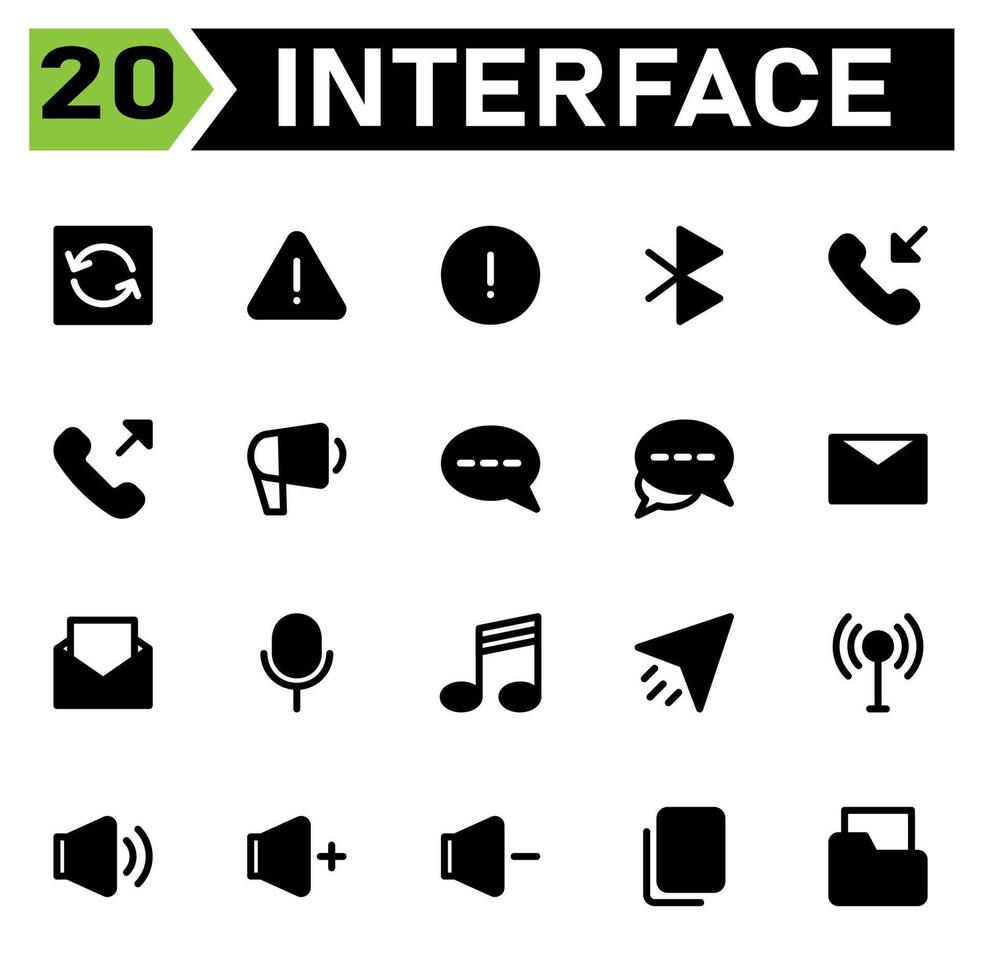 User interface icon set include update, rotate, sync, user interface, warning, sign, blue tooth, connection, phone, call in, call out, speaker, campaign, chat, message, conversation, mail, email vector