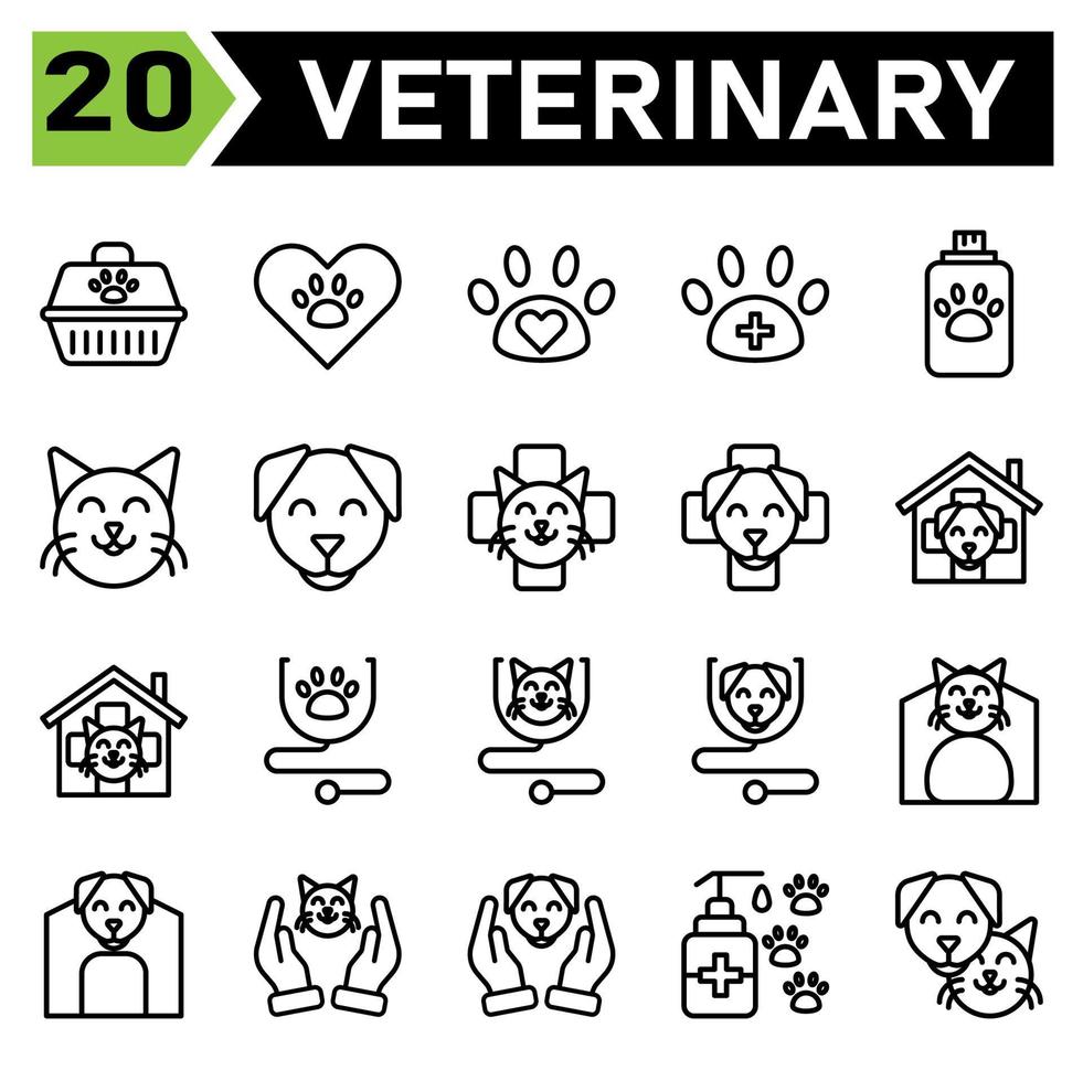 Veterinary icon set include carrier, vet, pet, box, cargo, love, paw, veterinary, clinic, pet care, animal lover, care, medic, shampoo, soap, grooming, cat, face, kitten, emoticon, dong, canine, puppy vector