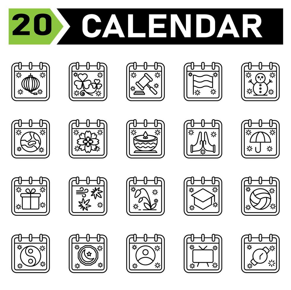 Calendar event icon set include chinese new year, calendar, date, event, st Patrick, day, law, flag, snowman, winter, earth, world, planet, flower, japan, diwali, hindu, pray, hope, hand, umbrella vector