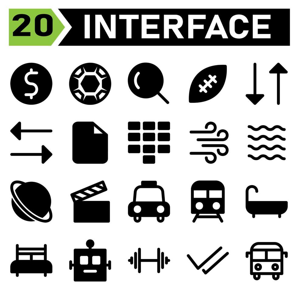 User interface icon set include dollar, money, value, symbol, sign, user interface, football, sport, ball, soccer, game, search, magnifying, glass, zoom, rugby, american, transfer, data, download vector