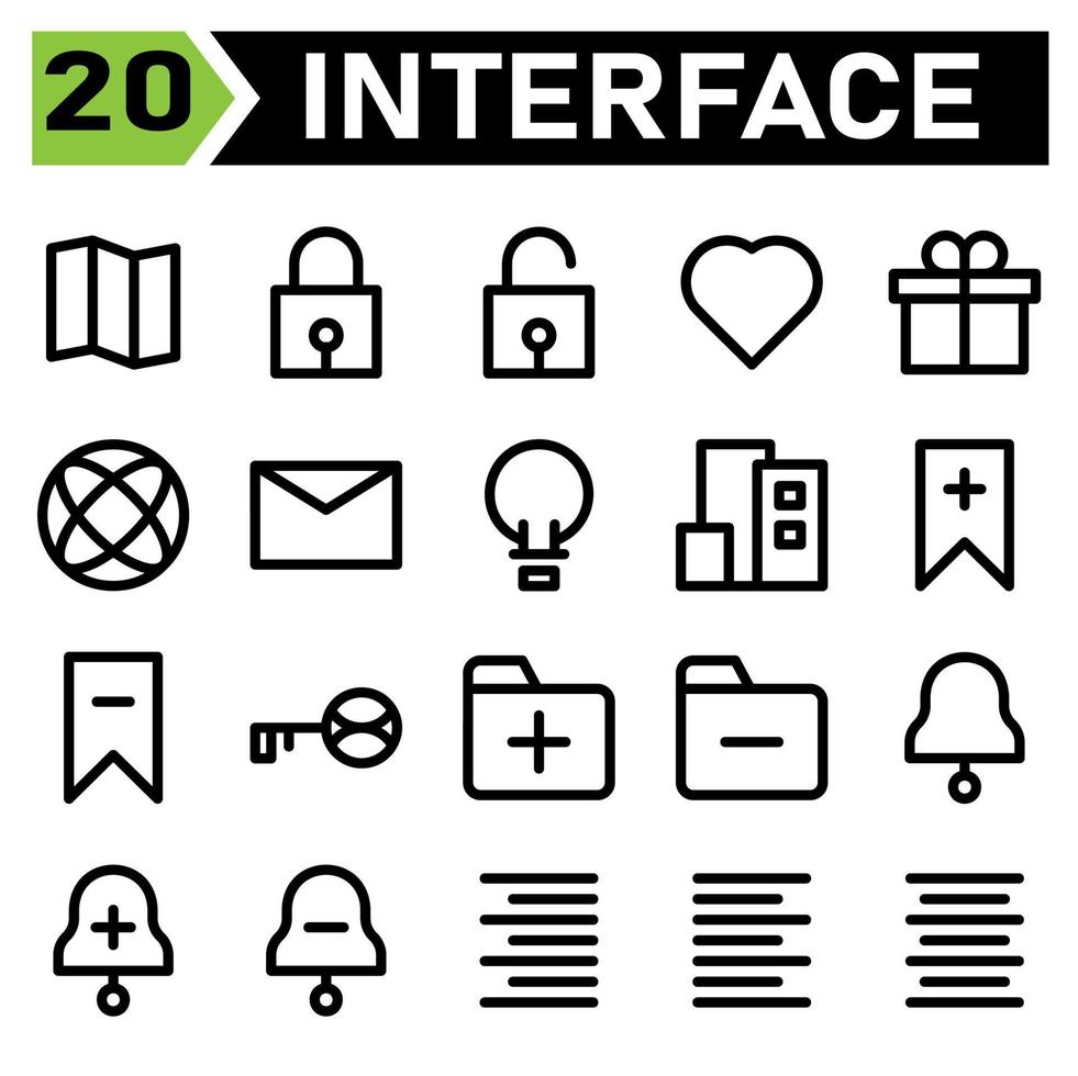 el conjunto de iconos de la interfaz de usuario incluye mapa, ubicación, guía, dirección, interfaz de usuario, bloqueo, protección, seguridad, candado, desbloqueo, amor, hogar, favorito, boda, regalo, presente, caja, cumpleaños vector