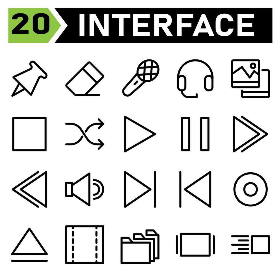 Web interface icon set include pin, web app, pushpin, tack, thumbtack, fasten, eraser, clean, remove, rubber, microphone, record, audio, board cast, headphone, support, earphone, gallery, picture vector