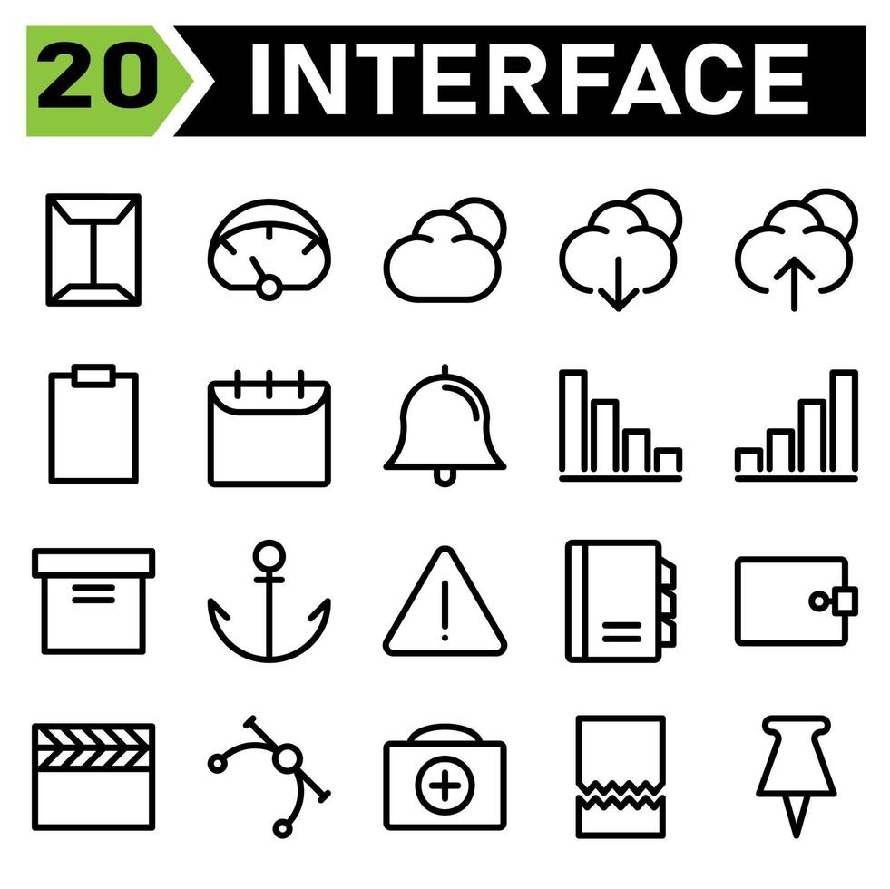 Web interface icon set include envelope, web app, mail, email, document, dashboard, page, response, performance, cloud, computing, storage, internet, download, arrows, data, backup, upload, clipboard vector