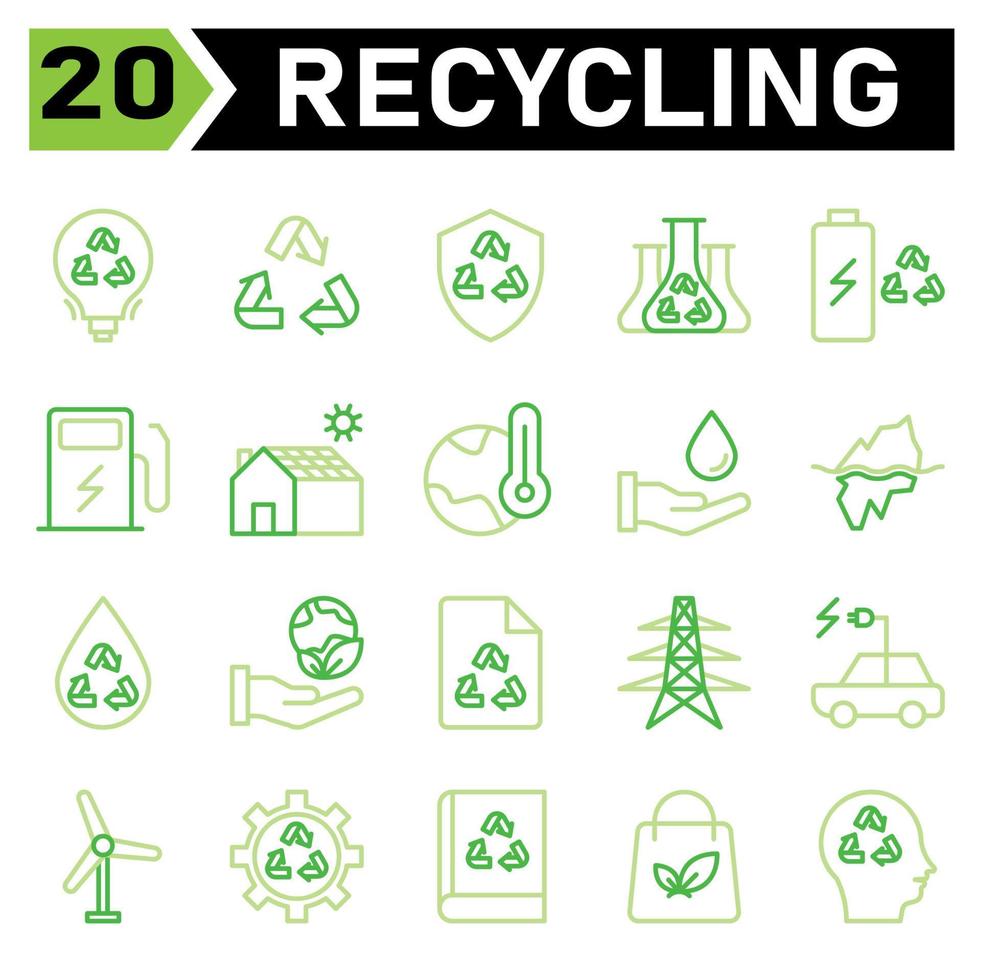 Ecology and Recycle icon set include recycling, waste, material, shield, protect, chemistry, science, battery, charging, station, electric, charger, house, solar, panel, home, thermometer, warming vector