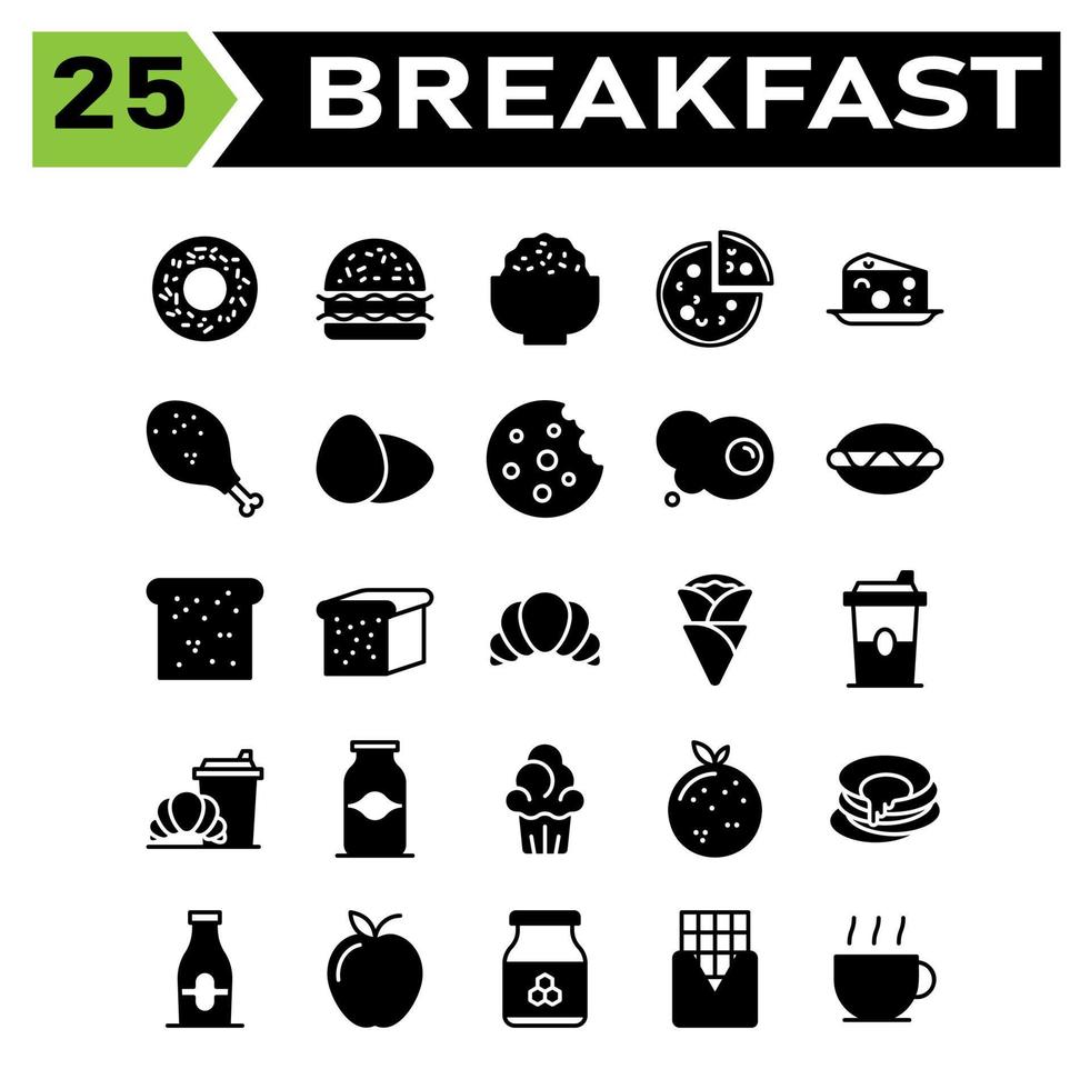 El juego de desayuno incluye donas, comida, basura, dulce, desayuno, hamburguesa, puesto, arroz, tazón, pizza, italiano, brunch, queso, plato, acompañamiento, pollo, carne, pierna, huevo, tortilla, galleta, chocolate vector